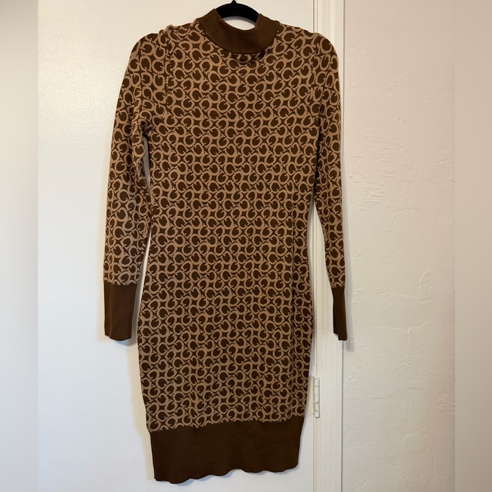 Guess Brown Long Sleeve Patterned Dress